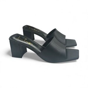 NIB Lulus‎ Black Square Toe Satin Block Heel Slide Sandals Mules